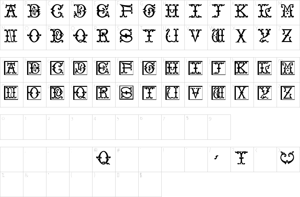 Character Map Victorian Initials One Font