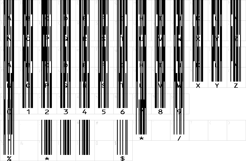 Character Map IDAutomation.com Code 39 Barcode Font Free Version Font